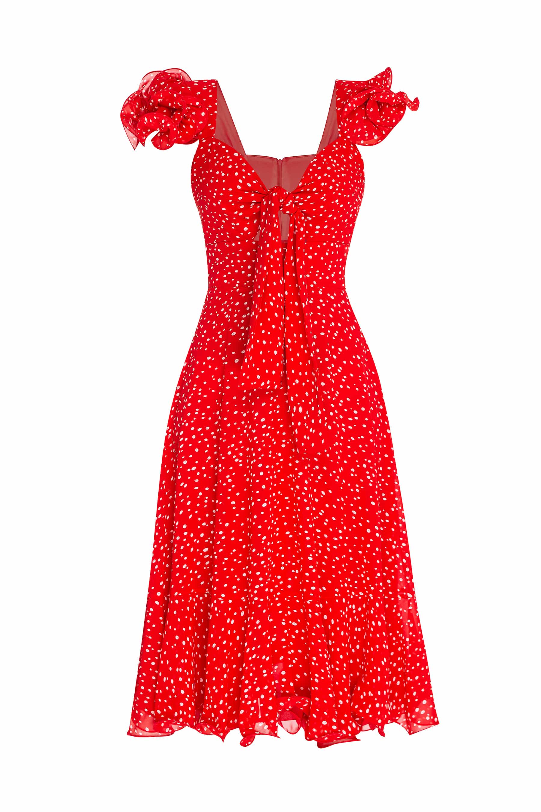 Red dress from chiffon with ruffle sleeves